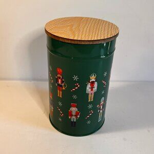 Nutcracker Tin Canister Christmas  4 1/4” X 6 3/4” Green Candy Canes Snowflakes
